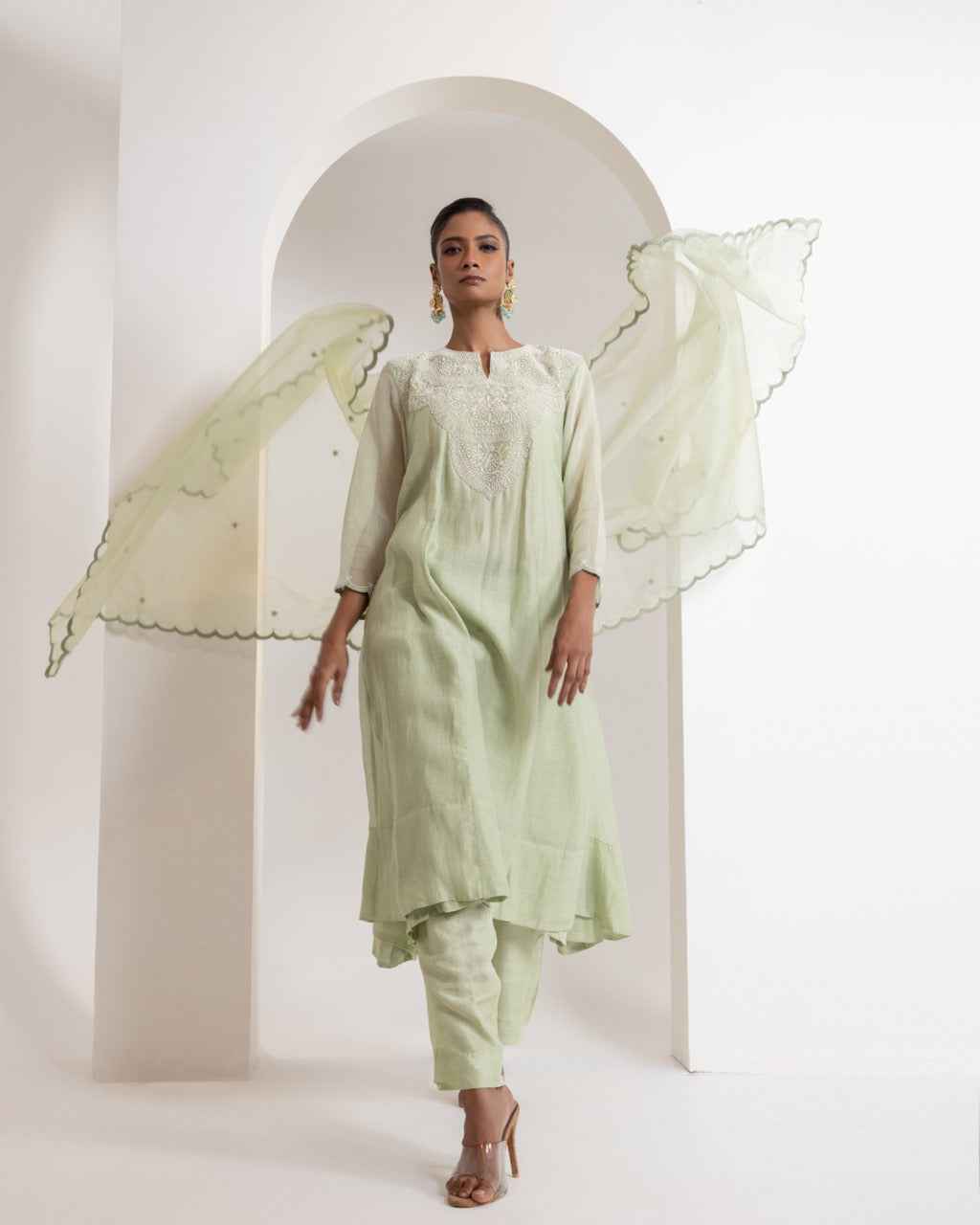 Chanderi Flared Kurta With Very Intricate Pearl Hand Embroidery