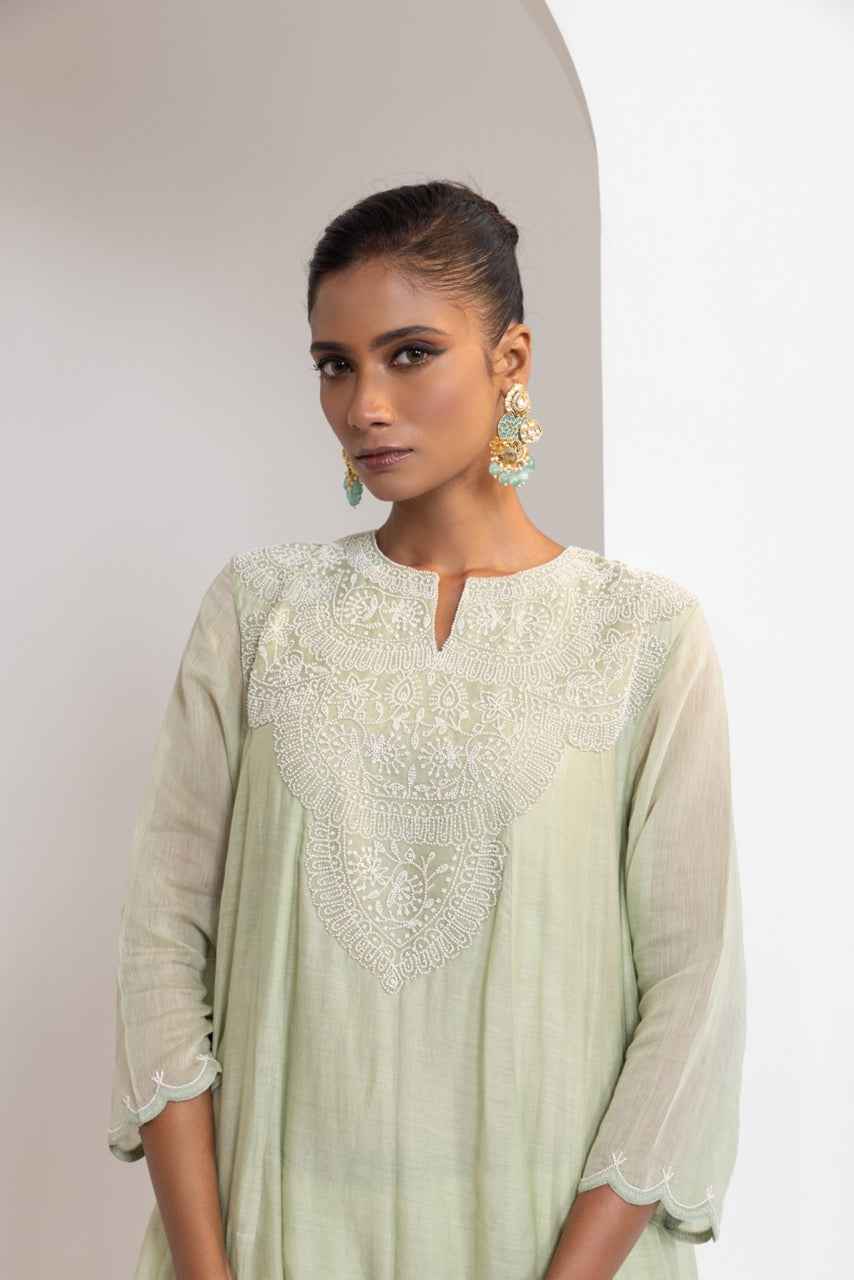 Chanderi Flared Kurta With Very Intricate Pearl Hand Embroidery