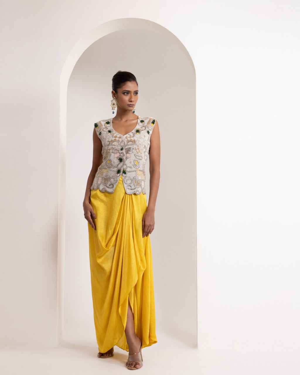 Heavily Embroidered Waistcoat With A Draped Skirt