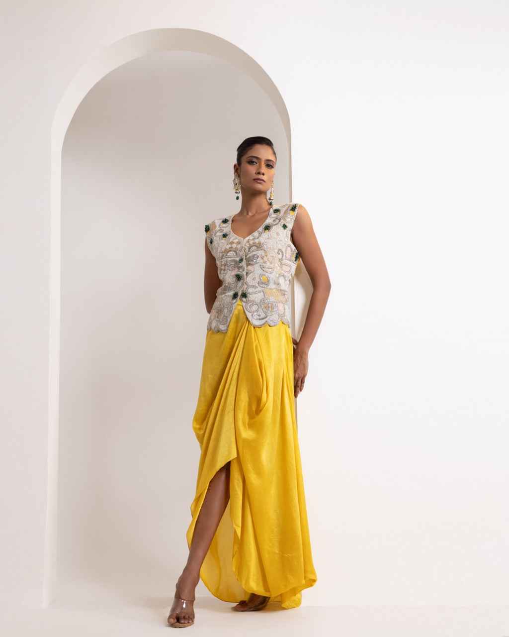 Heavily Embroidered Waistcoat With A Draped Skirt