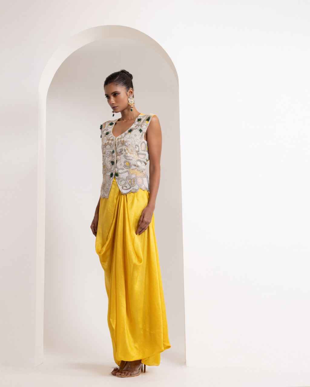 Heavily Embroidered Waistcoat With A Draped Skirt