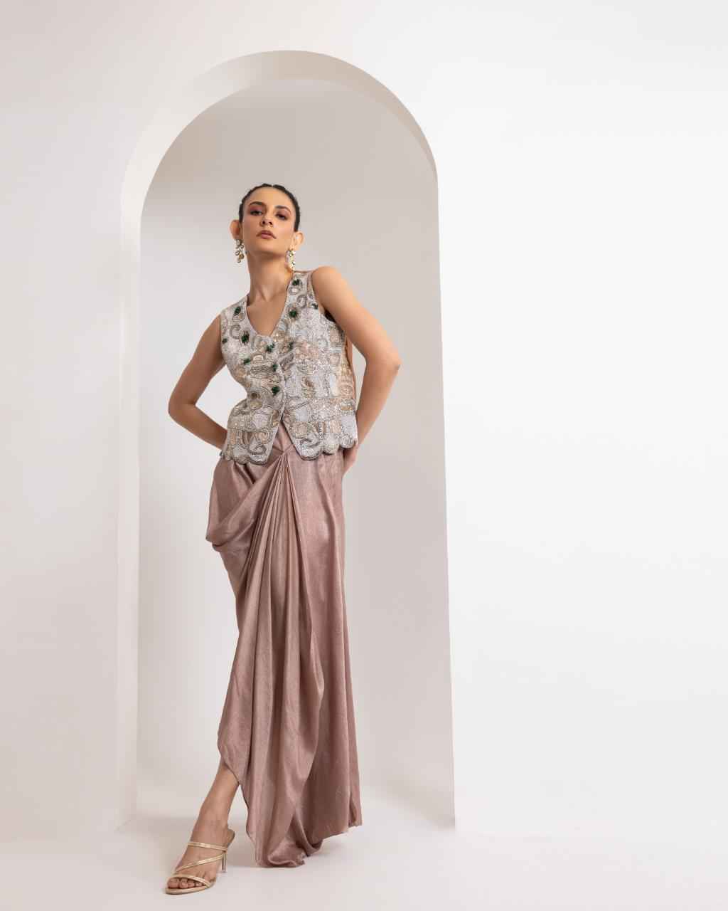 Heavily Embroidered Waistcoat With A Draped Skirt