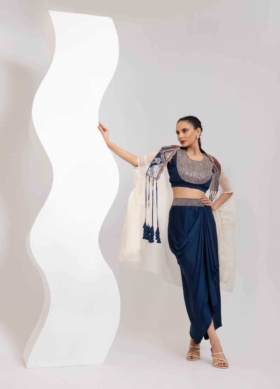 Hand Embroidered Cape, Crop Top And Draped Skirt