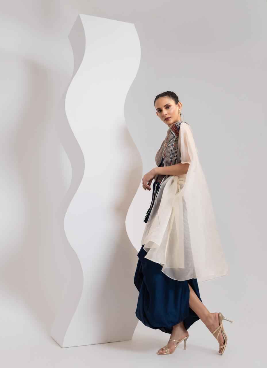 Hand Embroidered Cape, Crop Top And Draped Skirt