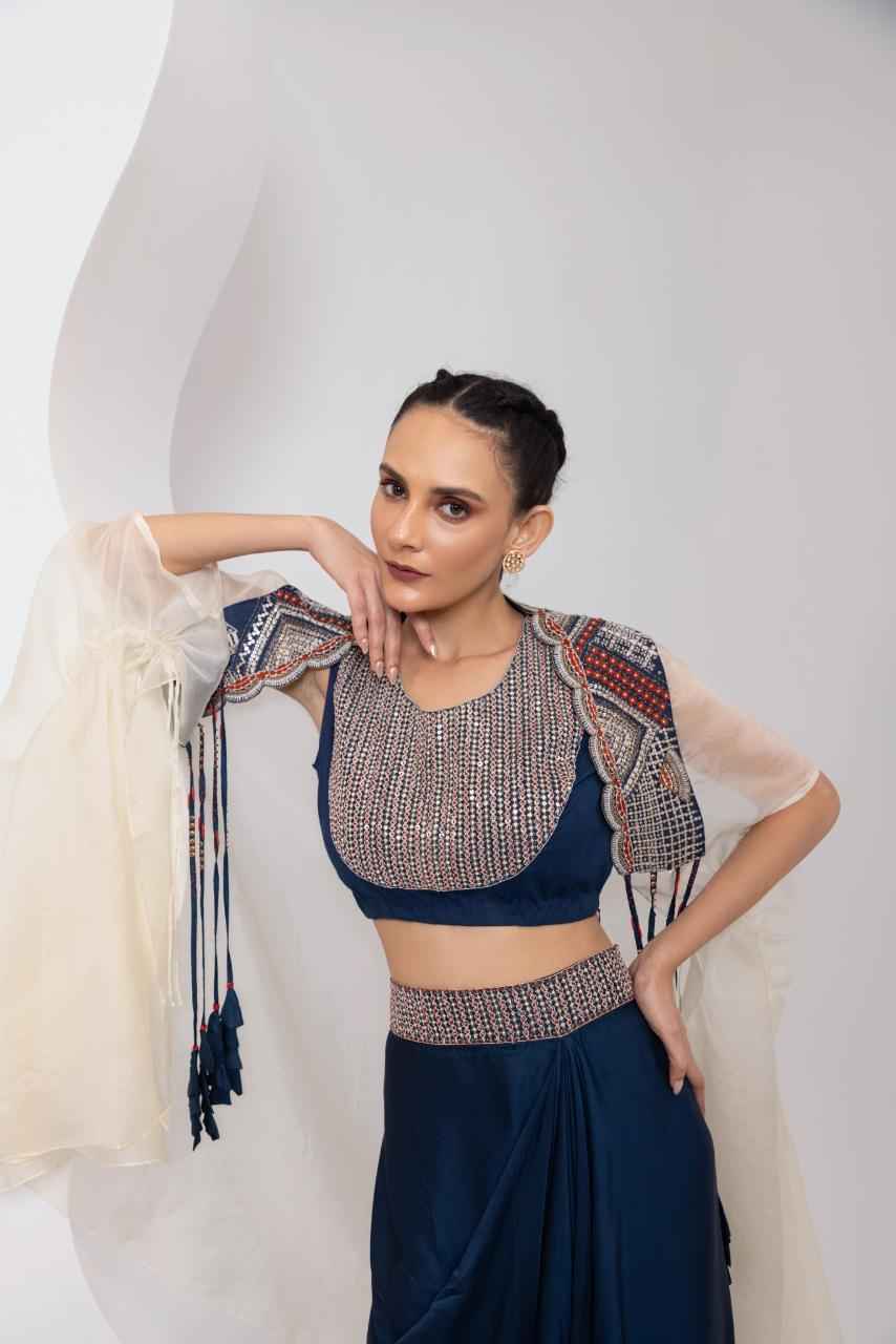 Hand Embroidered Cape, Crop Top And Draped Skirt