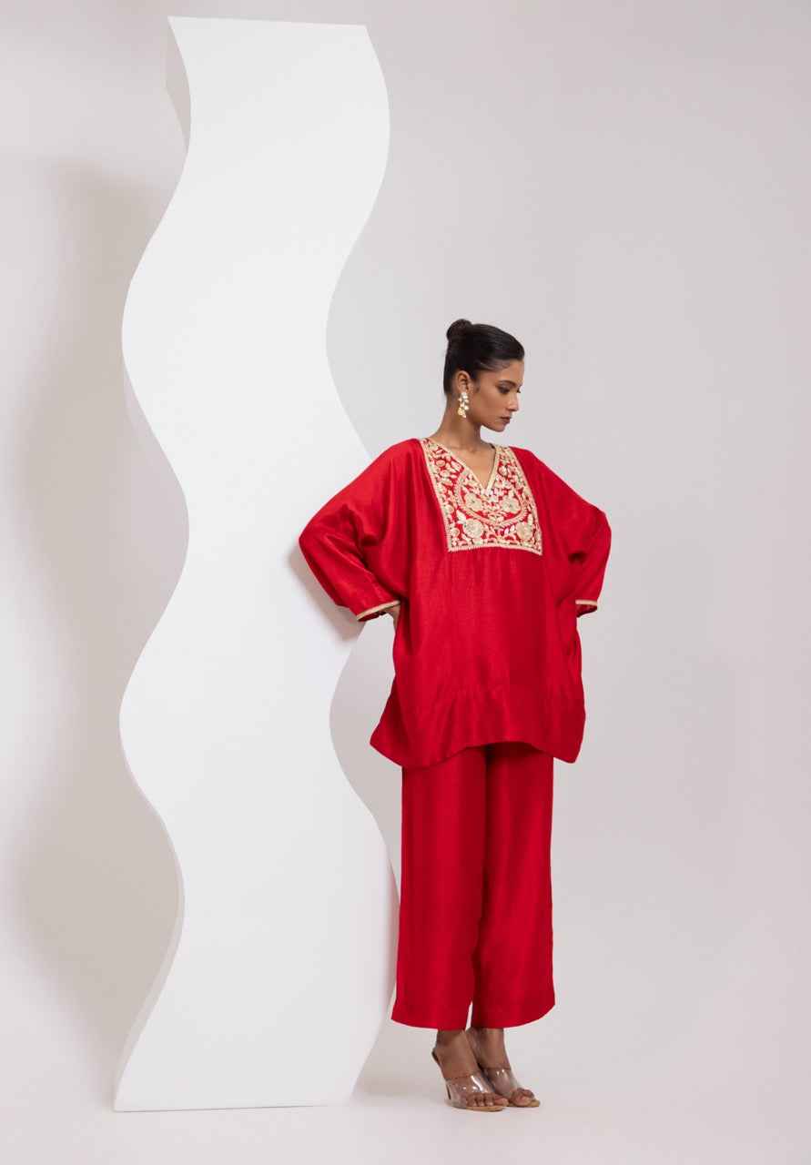 Silk Pheran With Hand Embroidered Yoke And A Silk Broad Pant