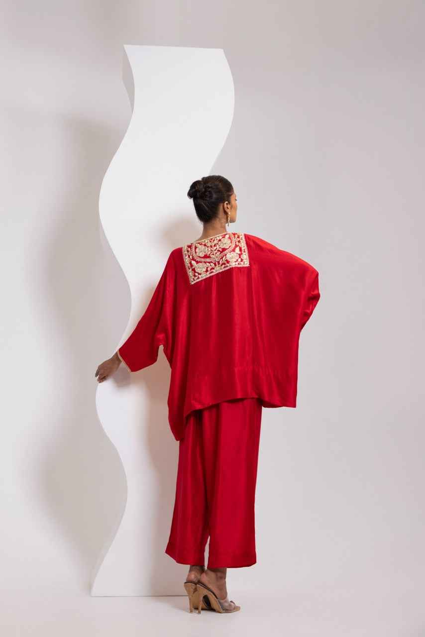 Silk Pheran With Hand Embroidered Yoke And A Silk Broad Pant