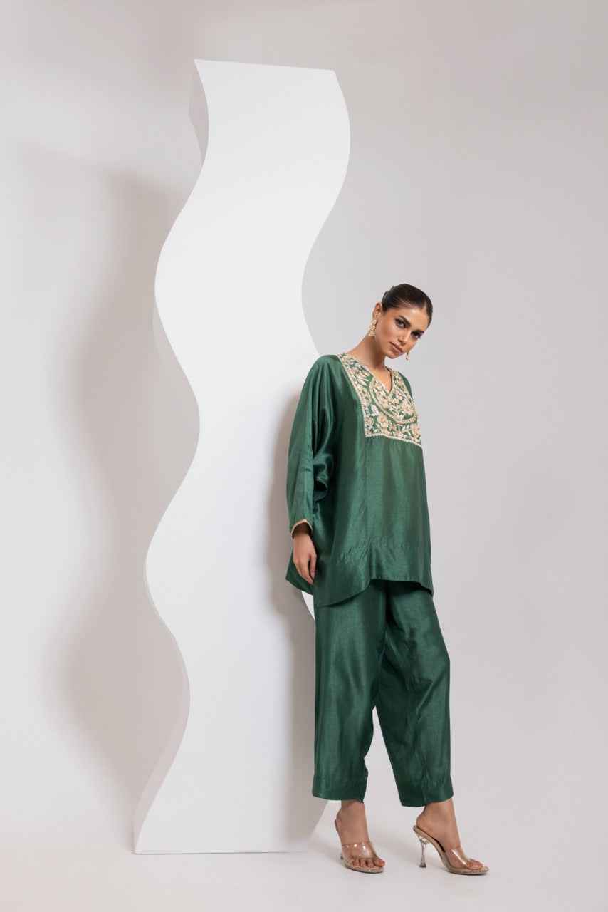 Silk Pheran With Hand Embroidered Yoke And A Silk Broad Pant