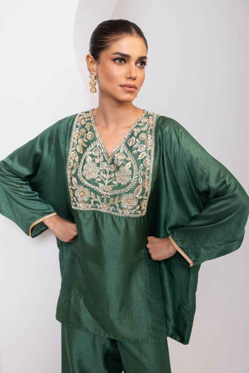 Silk Pheran With Hand Embroidered Yoke And A Silk Broad Pant