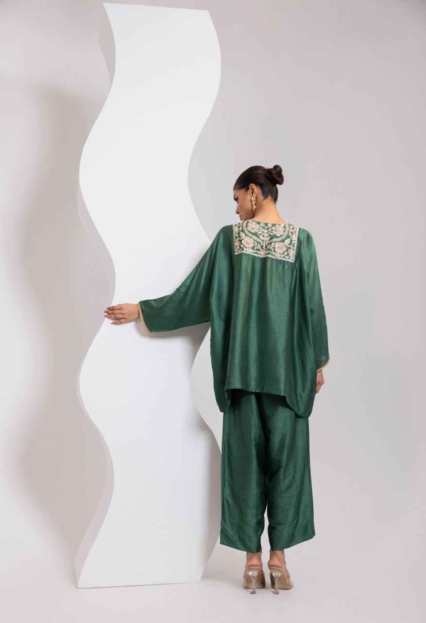Silk Pheran With Hand Embroidered Yoke And A Silk Broad Pant