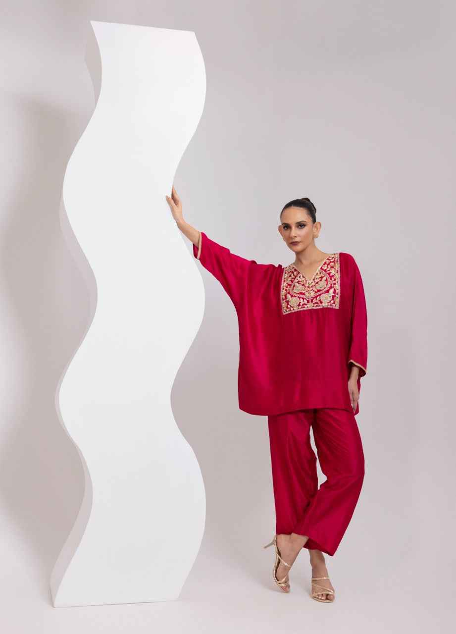 Silk Pheran With Hand Embroidered Yoke And A Silk Broad Pant