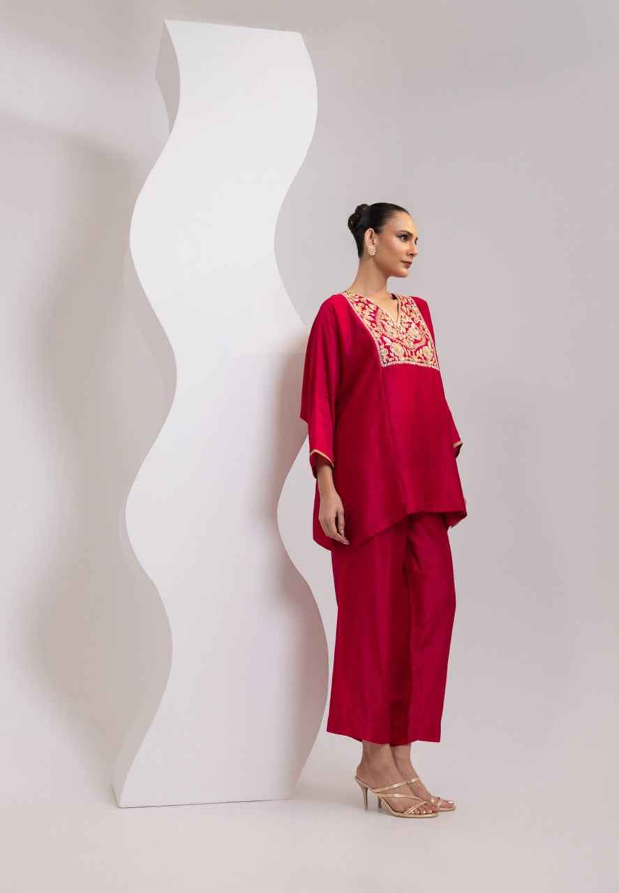 Silk Pheran With Hand Embroidered Yoke And A Silk Broad Pant