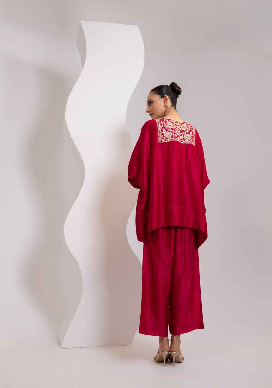 Silk Pheran With Hand Embroidered Yoke And A Silk Broad Pant
