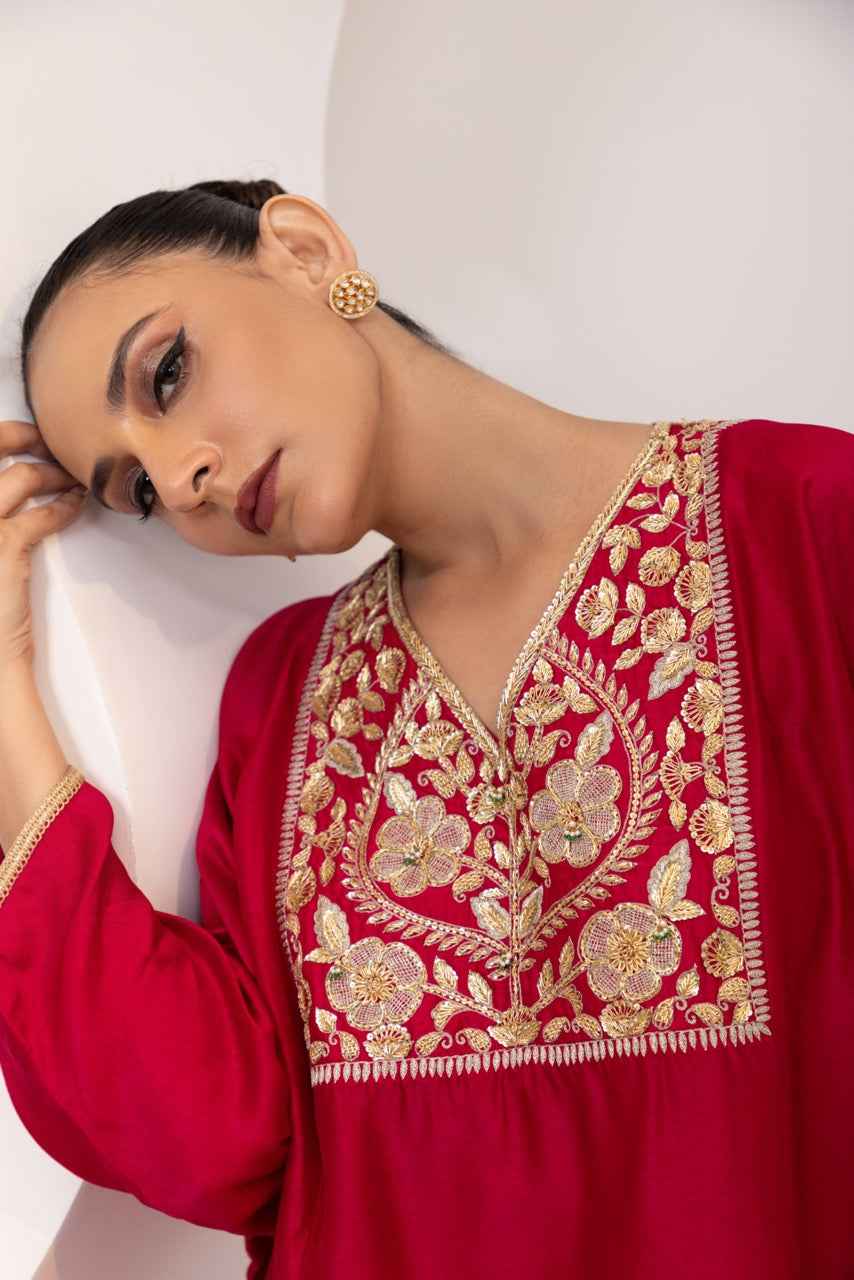 Silk Pheran With Hand Embroidered Yoke And A Silk Broad Pant