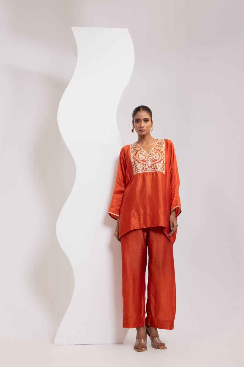 Silk Pheran With Hand Embroidered Yoke And A Silk Broad Pant