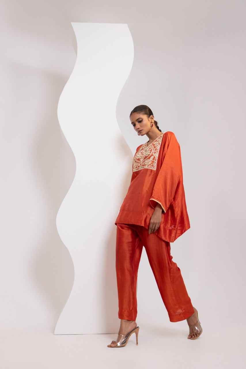 Silk Pheran With Hand Embroidered Yoke And A Silk Broad Pant