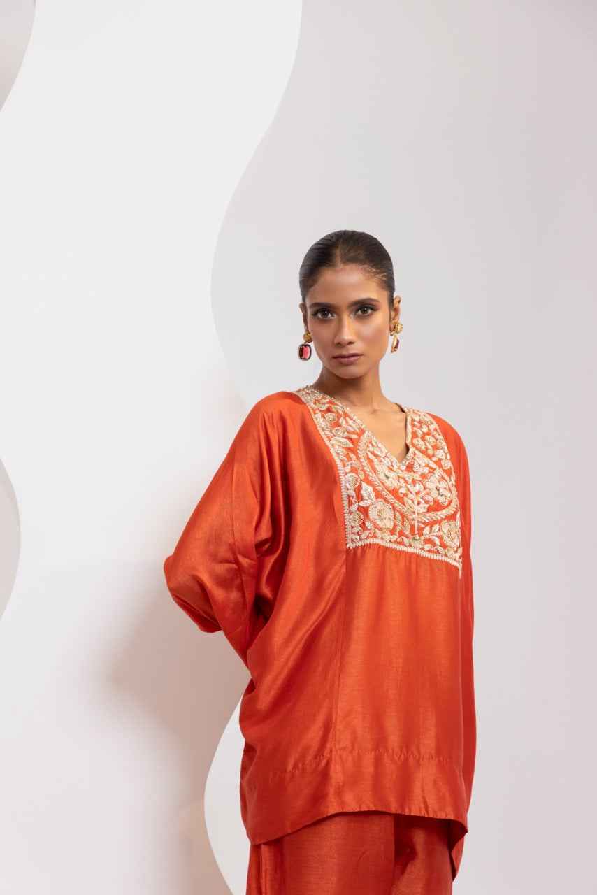 Silk Pheran With Hand Embroidered Yoke And A Silk Broad Pant