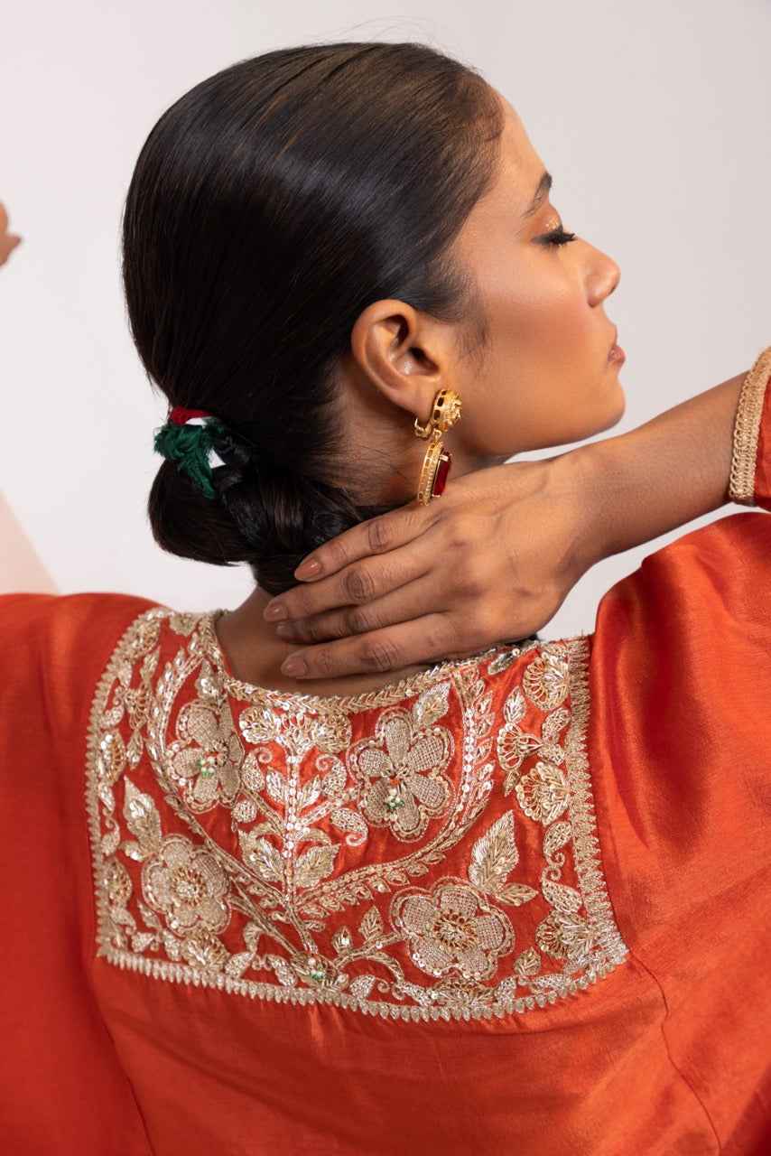 Silk Pheran With Hand Embroidered Yoke And A Silk Broad Pant