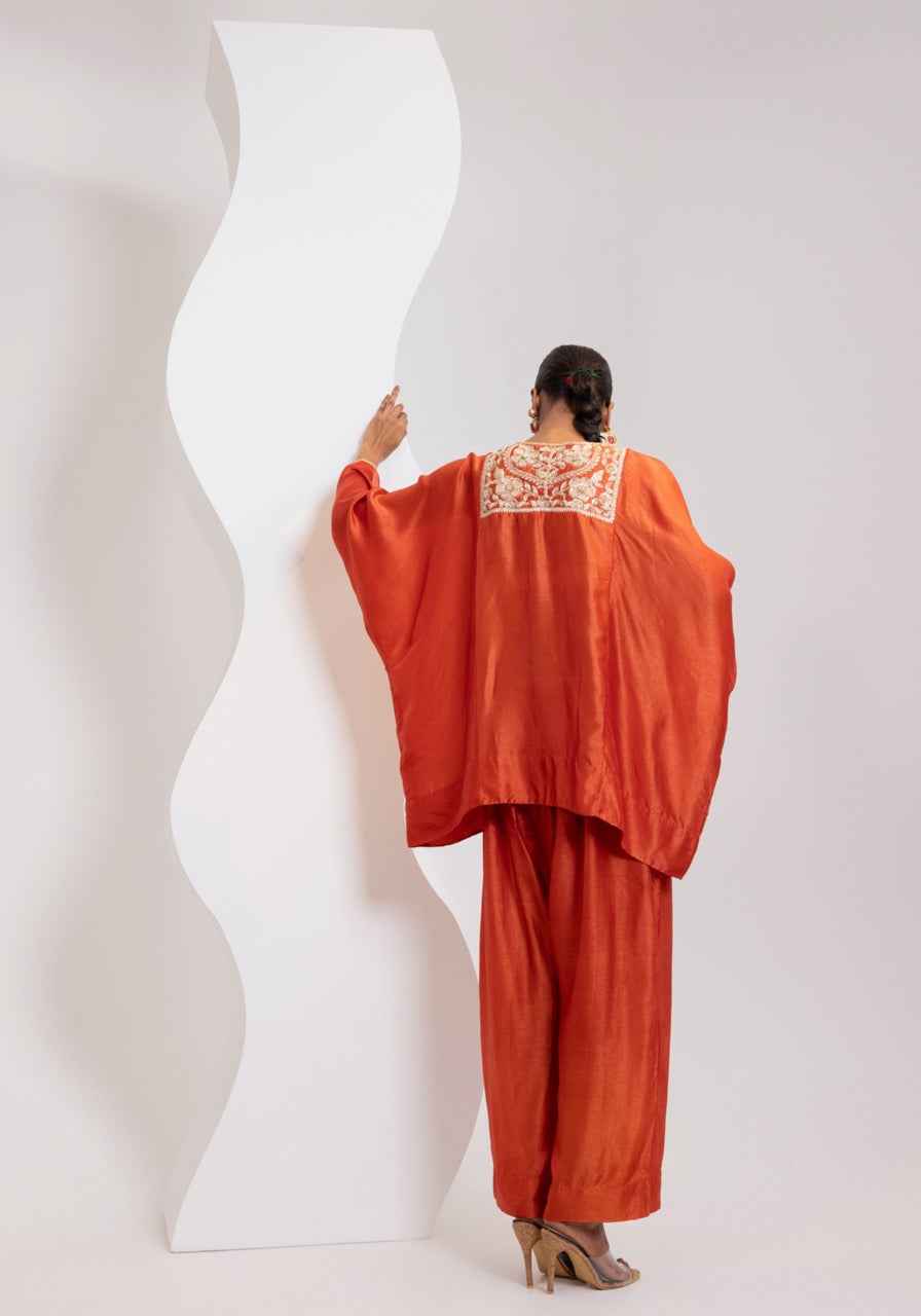 Silk Pheran With Hand Embroidered Yoke And A Silk Broad Pant