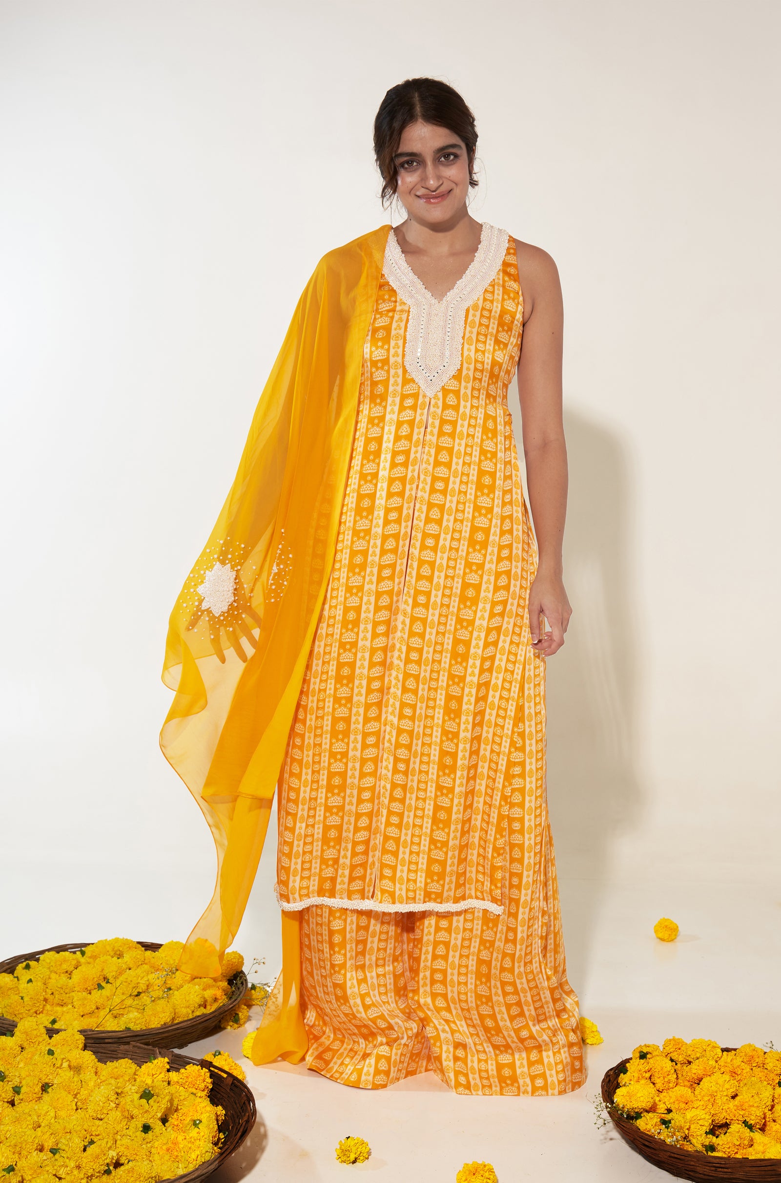 Mustard & White Floral Stripes Kurta Set