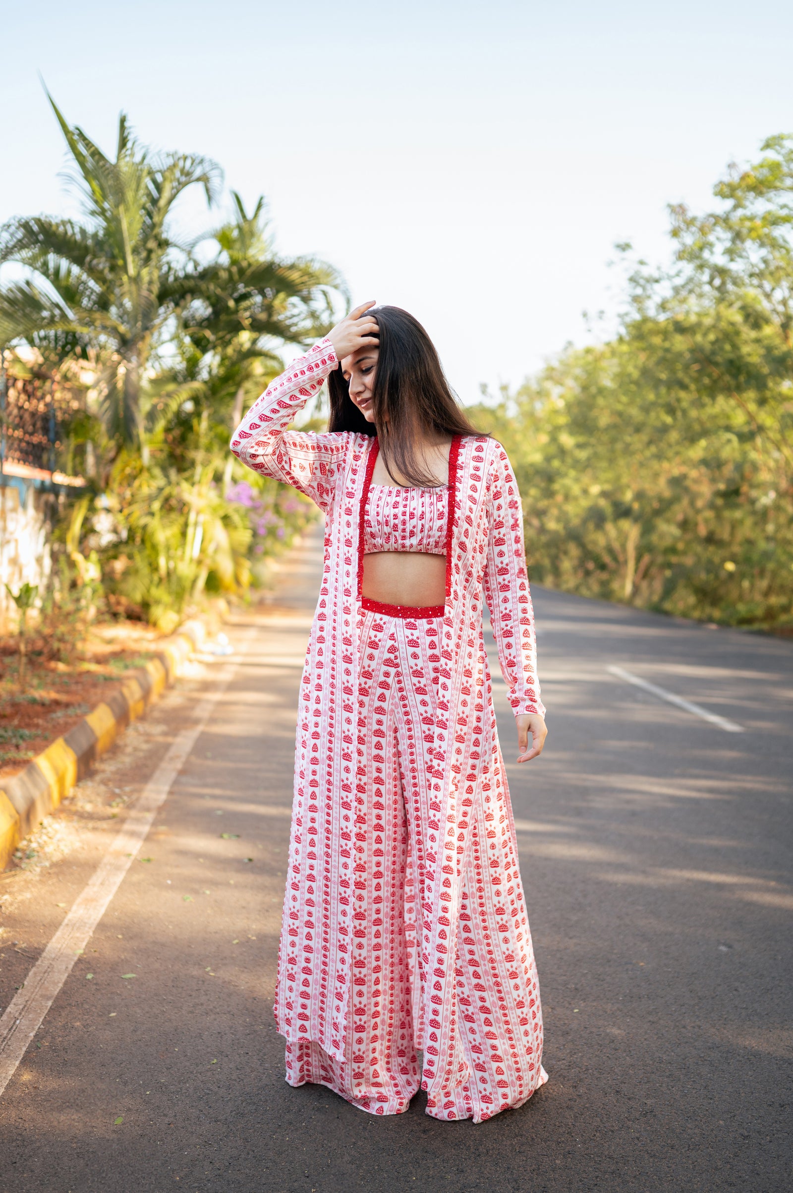 White, Red & Pink Floral Stripes Cape Set