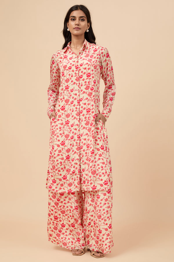 Cream and Red Floral Long Shirt Co-ord