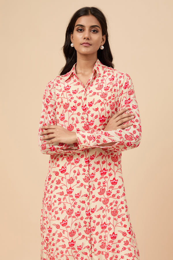 Cream and Red Floral Long Shirt Co-ord