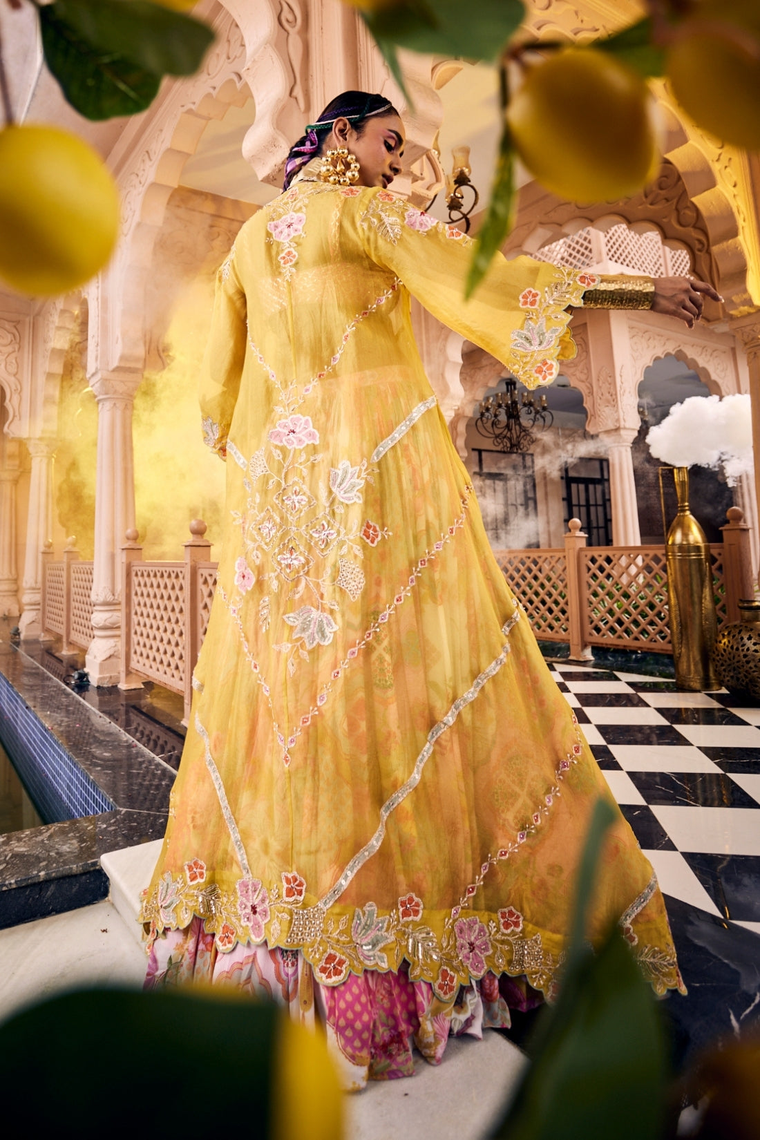 An Intricately Embroidered Mustard Tissue Shrug