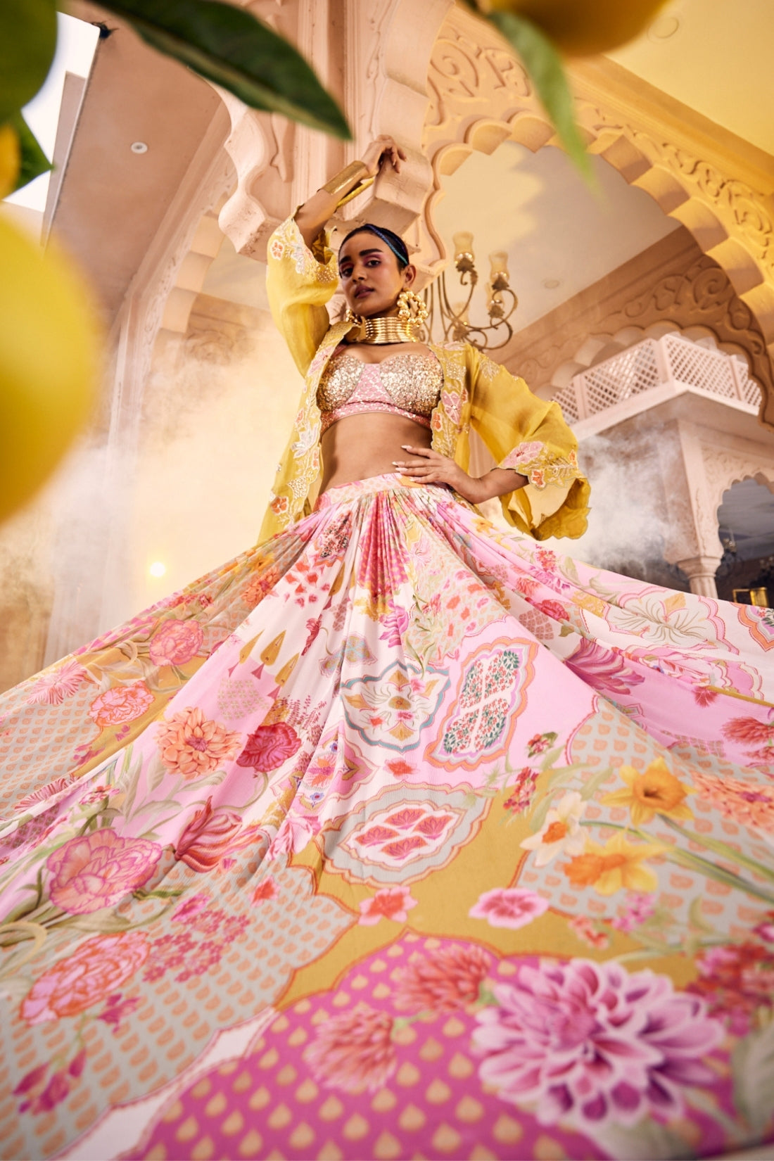 An Intricately Embroidered Mustard Tissue Shrug