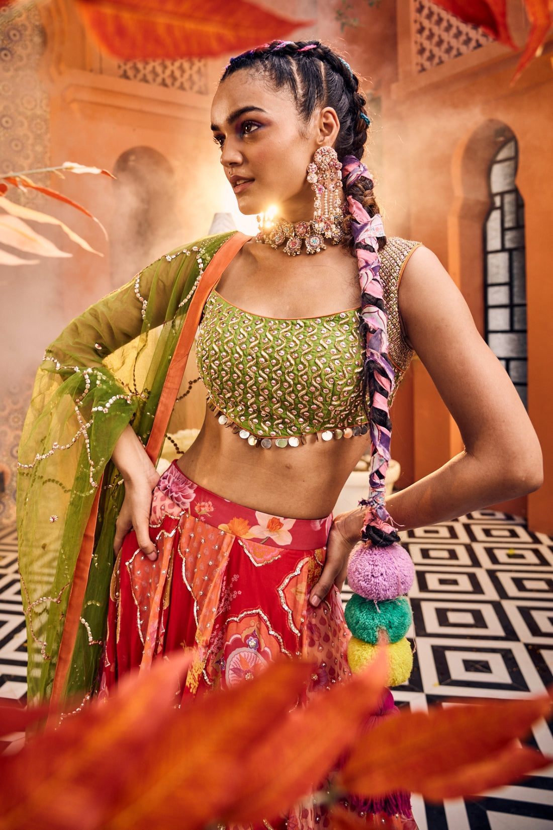 Stunning Red Multi-Printed Heavy Embroidered Lehenga Set