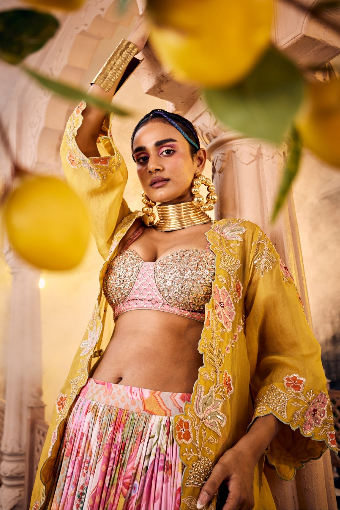 An Intricately Embroidered Mustard Tissue Shrug