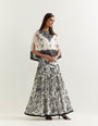 Organza cape embellished with hand sequins embroidery paired with printed gathered georgette skirt