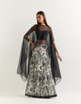 Organza dupatta cape embellished with stone work paired with printed georgette skirt