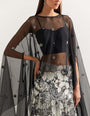 Organza dupatta cape embellished with stone work paired with printed georgette skirt