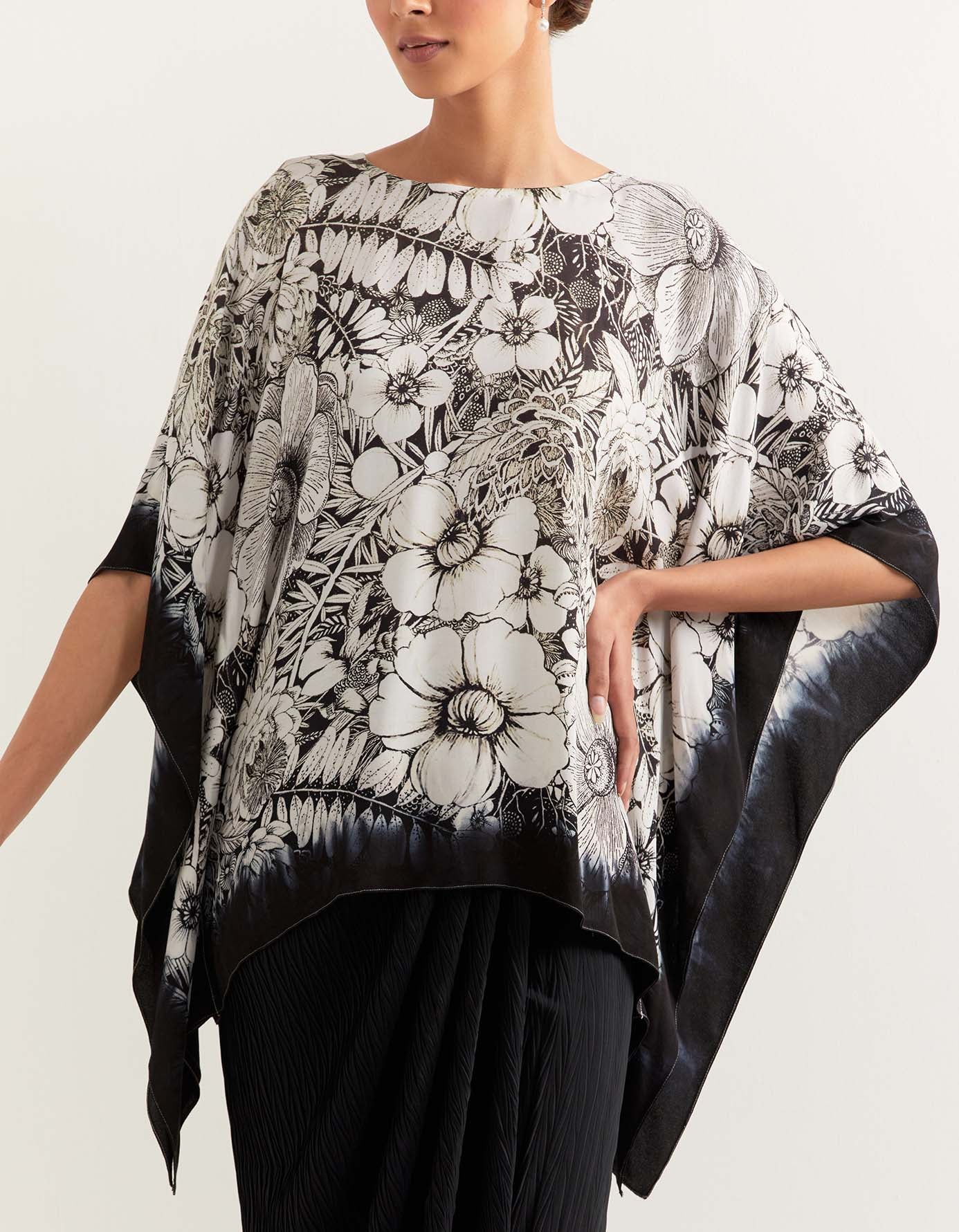 Printed kaftan top paired with draped crinkle skirt