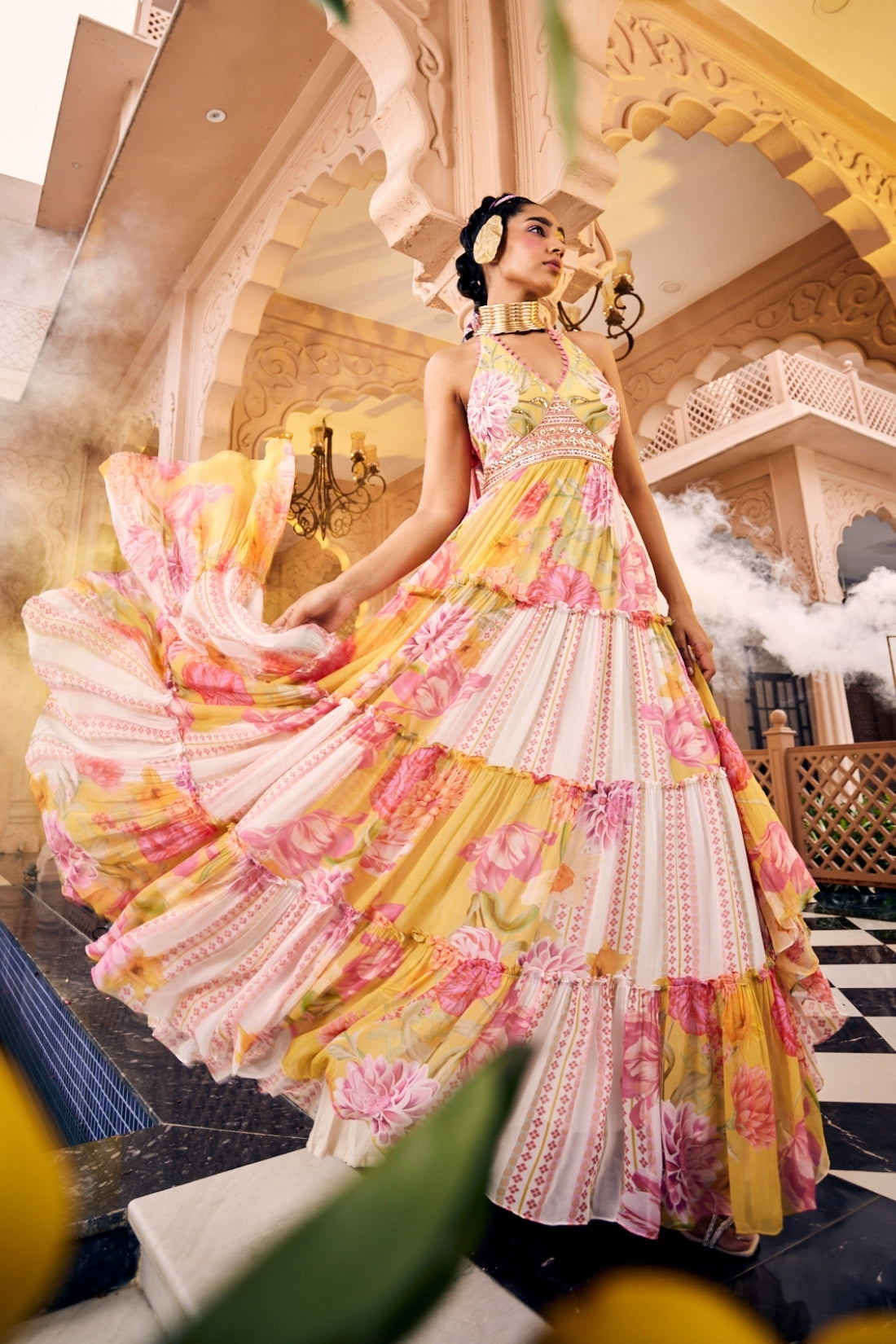 Multi-Printed Halter Neck Embroidered Layered Maxi Dress