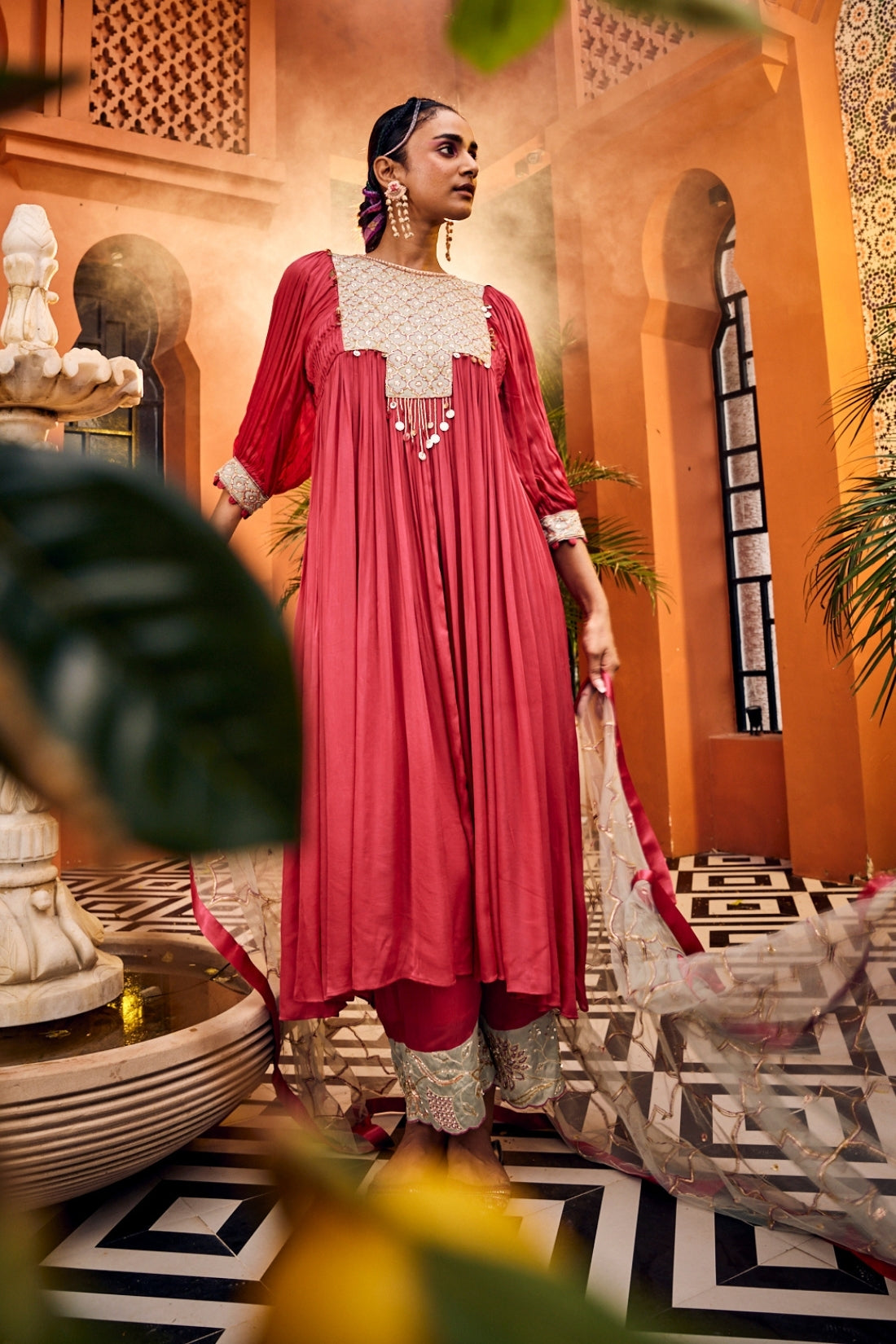 Pink Kurta Set Featuring Intricate Contrast Color Embroidered Patchwork
