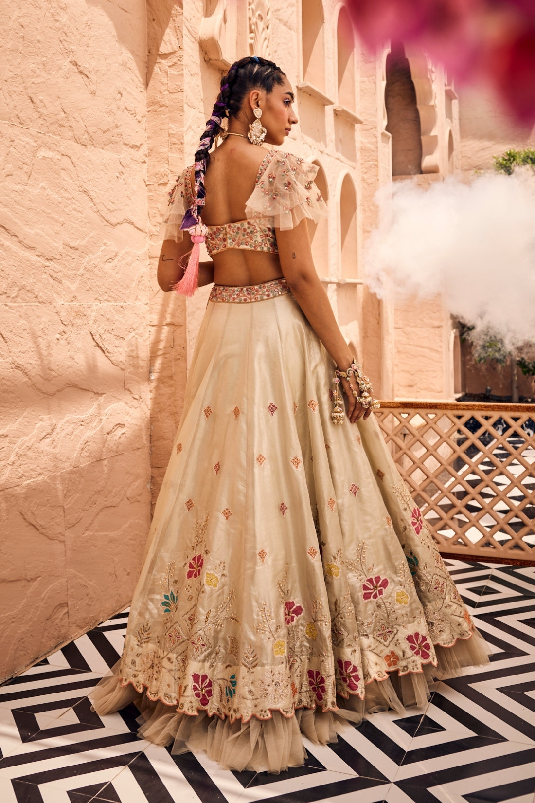 Ivory And Golden Tissue Applique Handwork Lehenga Set
