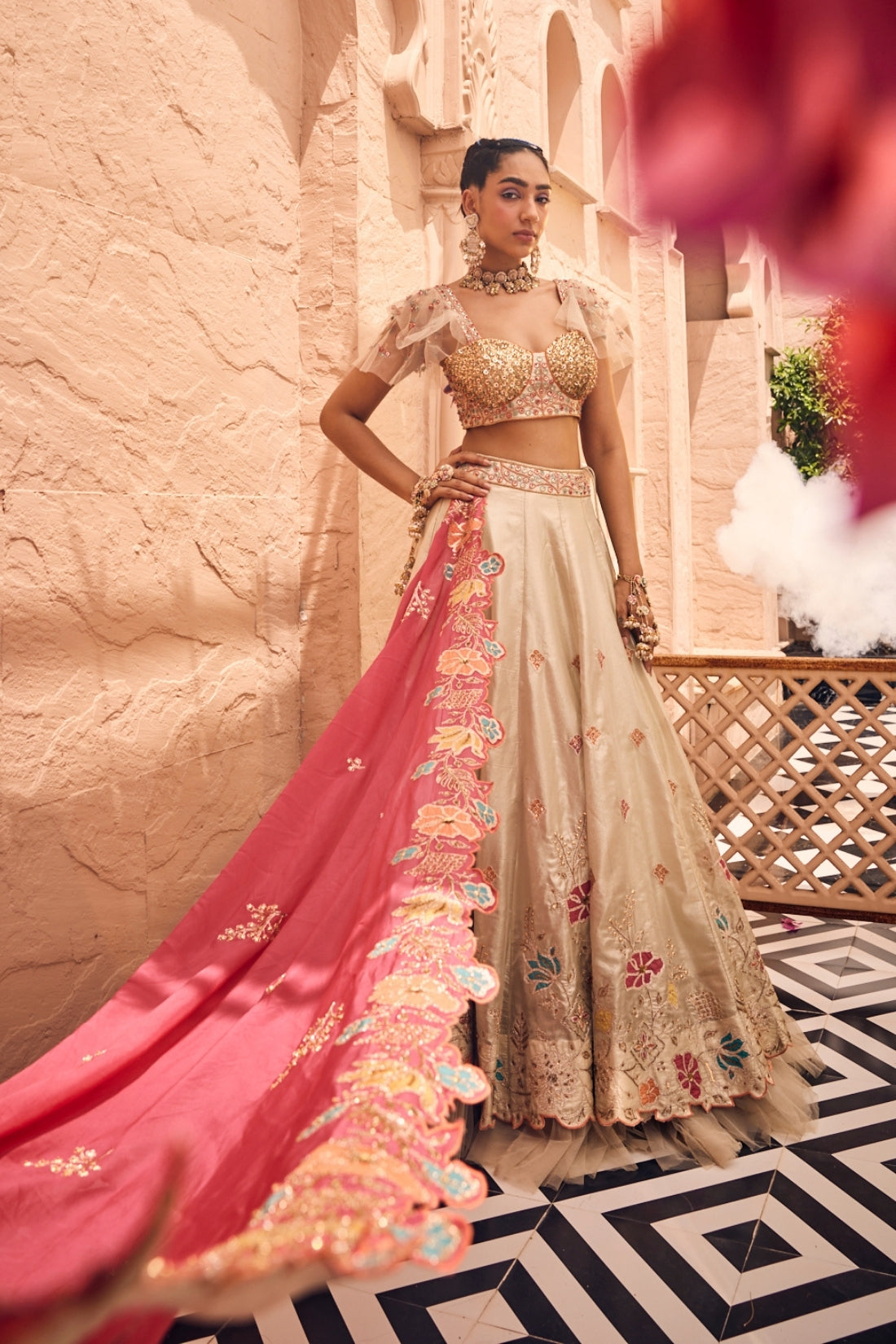 Ivory And Golden Tissue Applique Handwork Lehenga Set