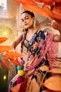 Blue Multi-Printed Hand-Embroidered Layered Pre-Drape Saree Set