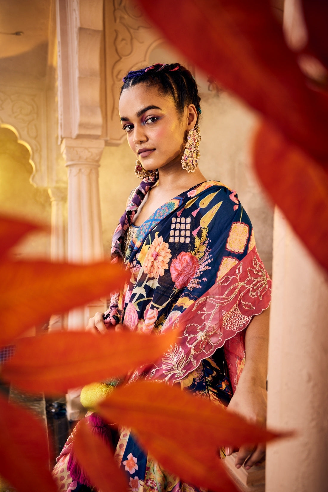 Blue Multi-Printed Hand-Embroidered Layered Pre-Drape Saree Set