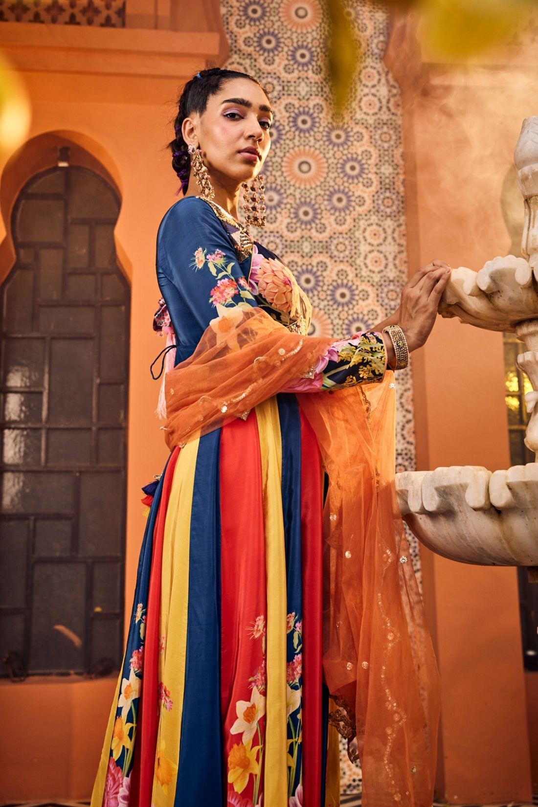 Multi-Colored Printed Sweetheart Neck Embroidered Anarkali Set