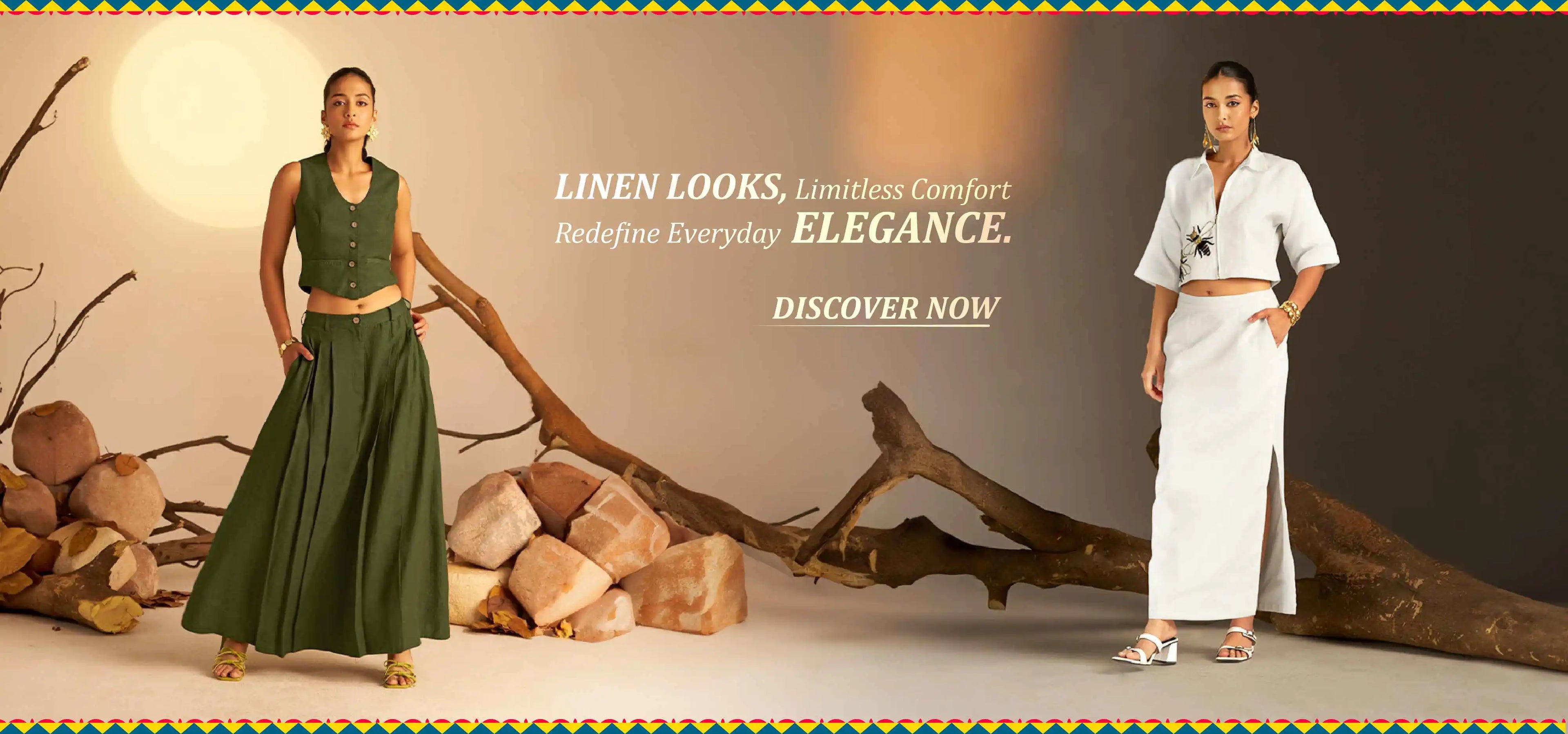 Two women in green and white outfits standing in a natural setting with text about linen looks.