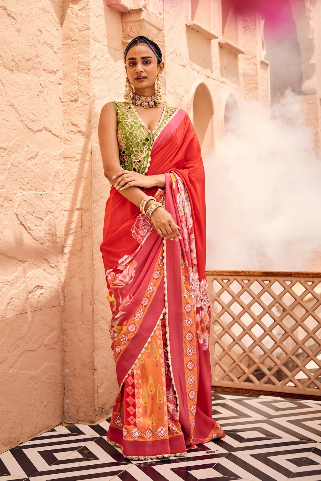 Red Multi-Printed Embroidered Saree Set