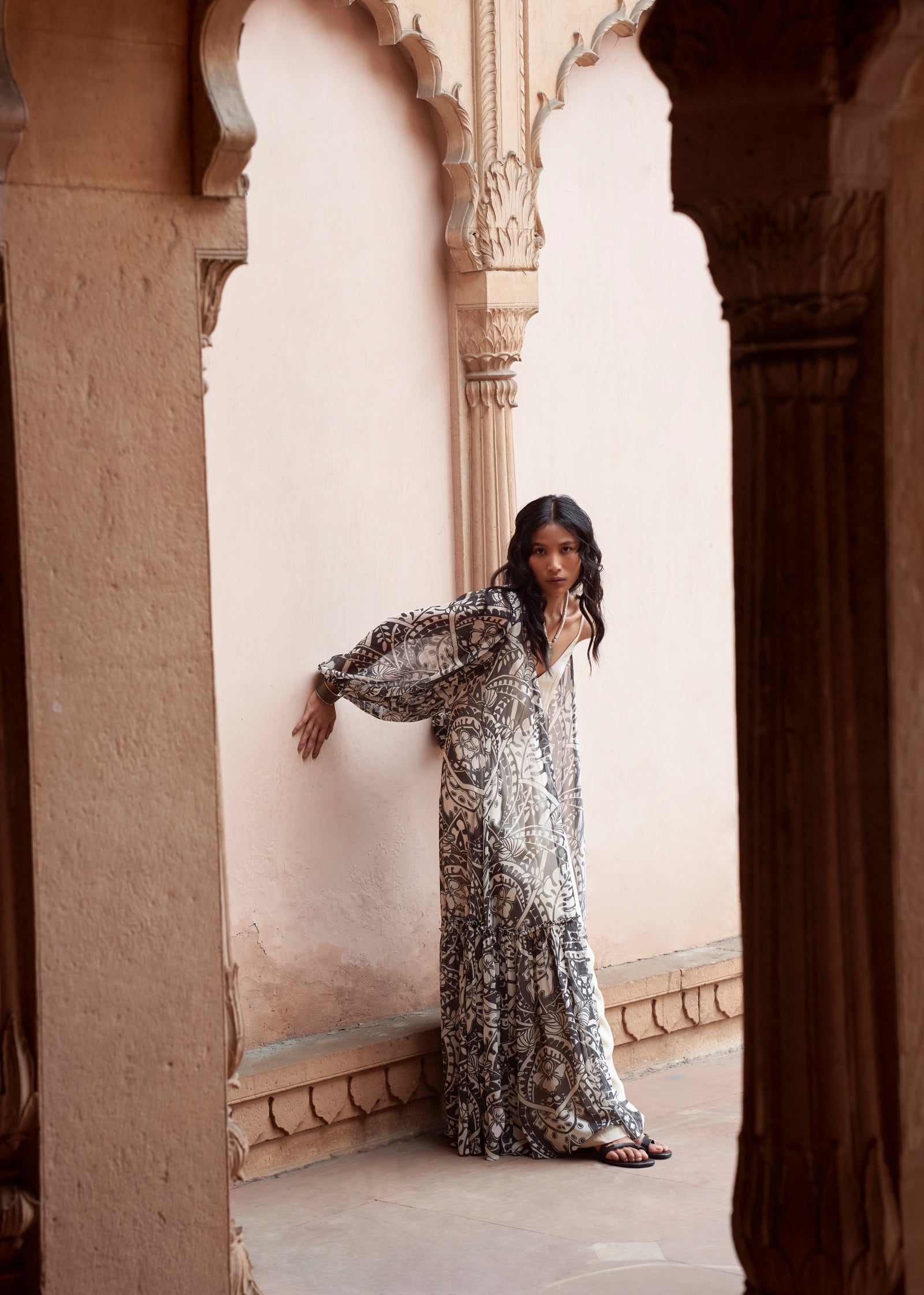 Geometric Motif Jumpsuit with Flowy Printed Jacket