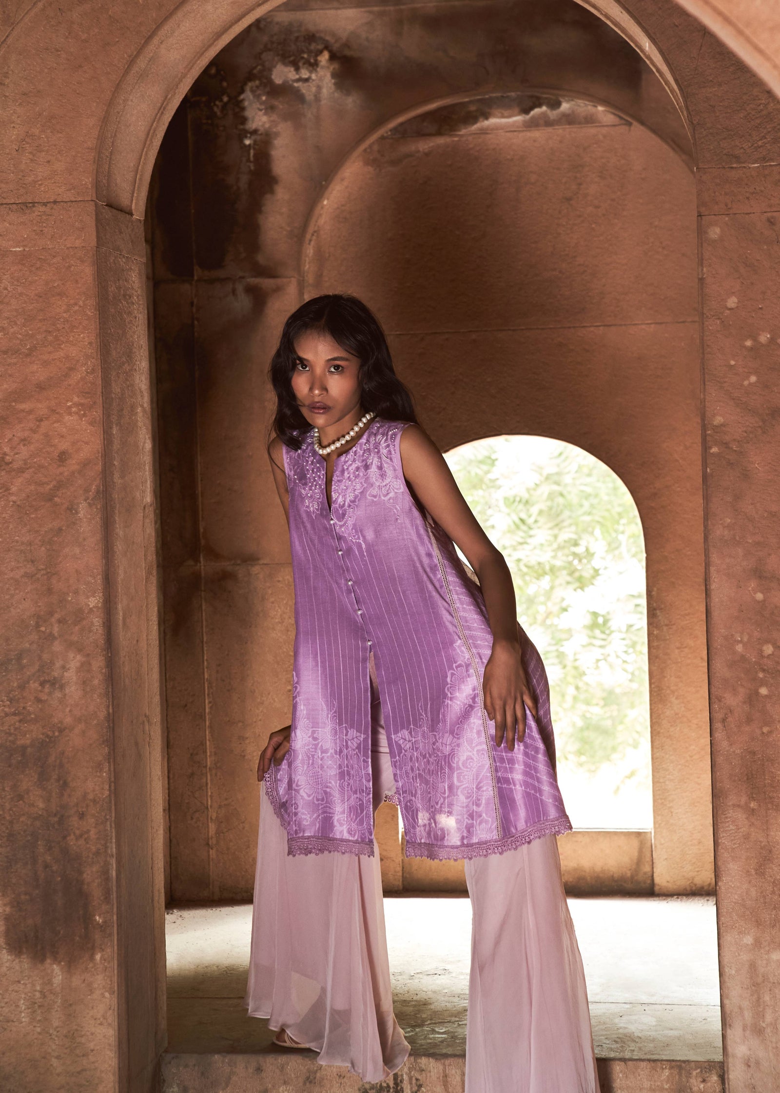 Lilac Floral Tunic & Shimmering Sharara Set