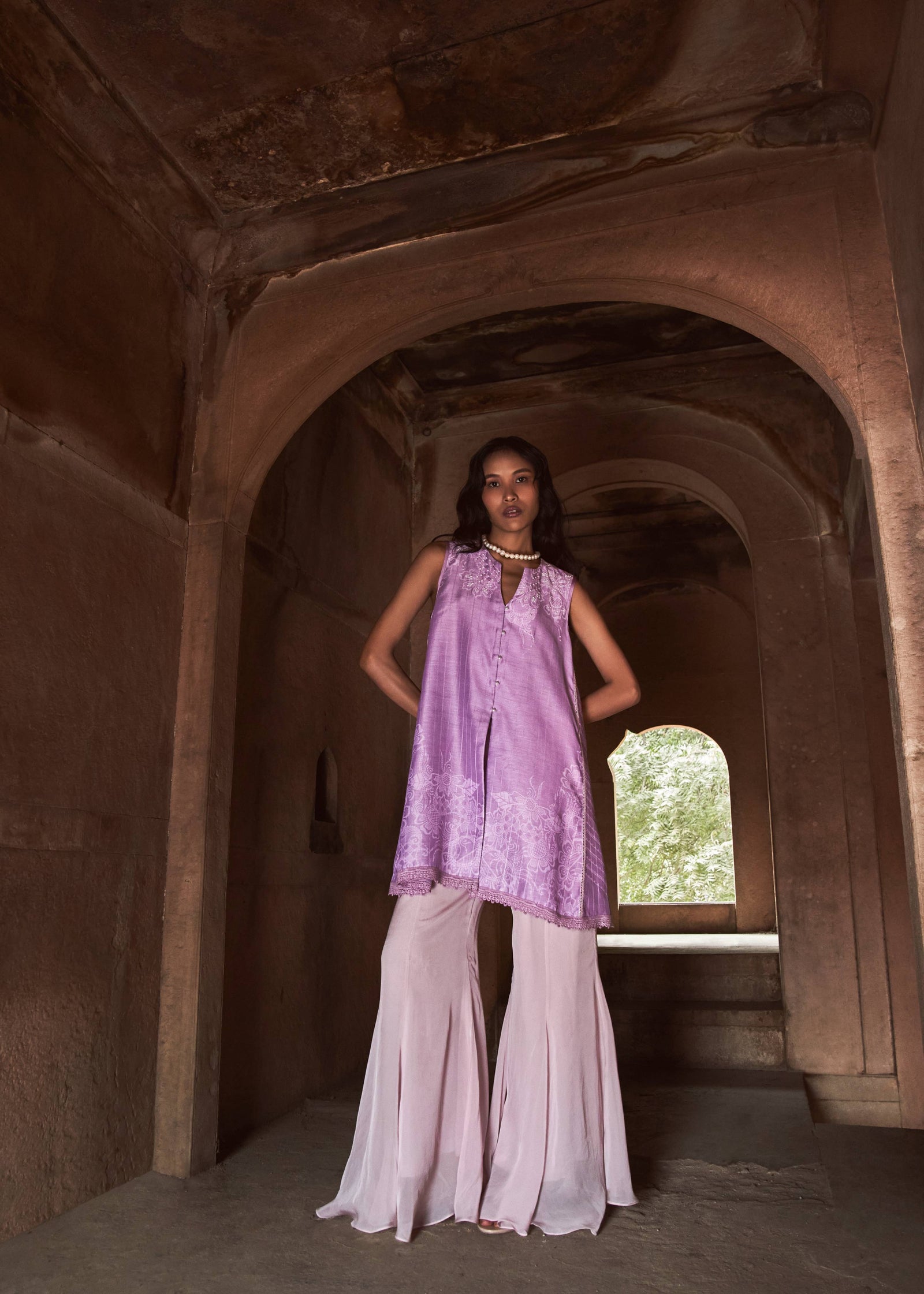 Lilac Floral Tunic & Shimmering Sharara Set