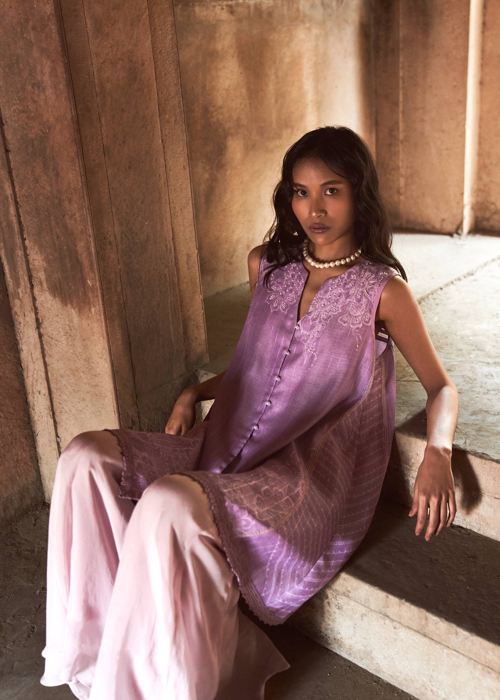 Lilac Floral Tunic & Shimmering Sharara Set