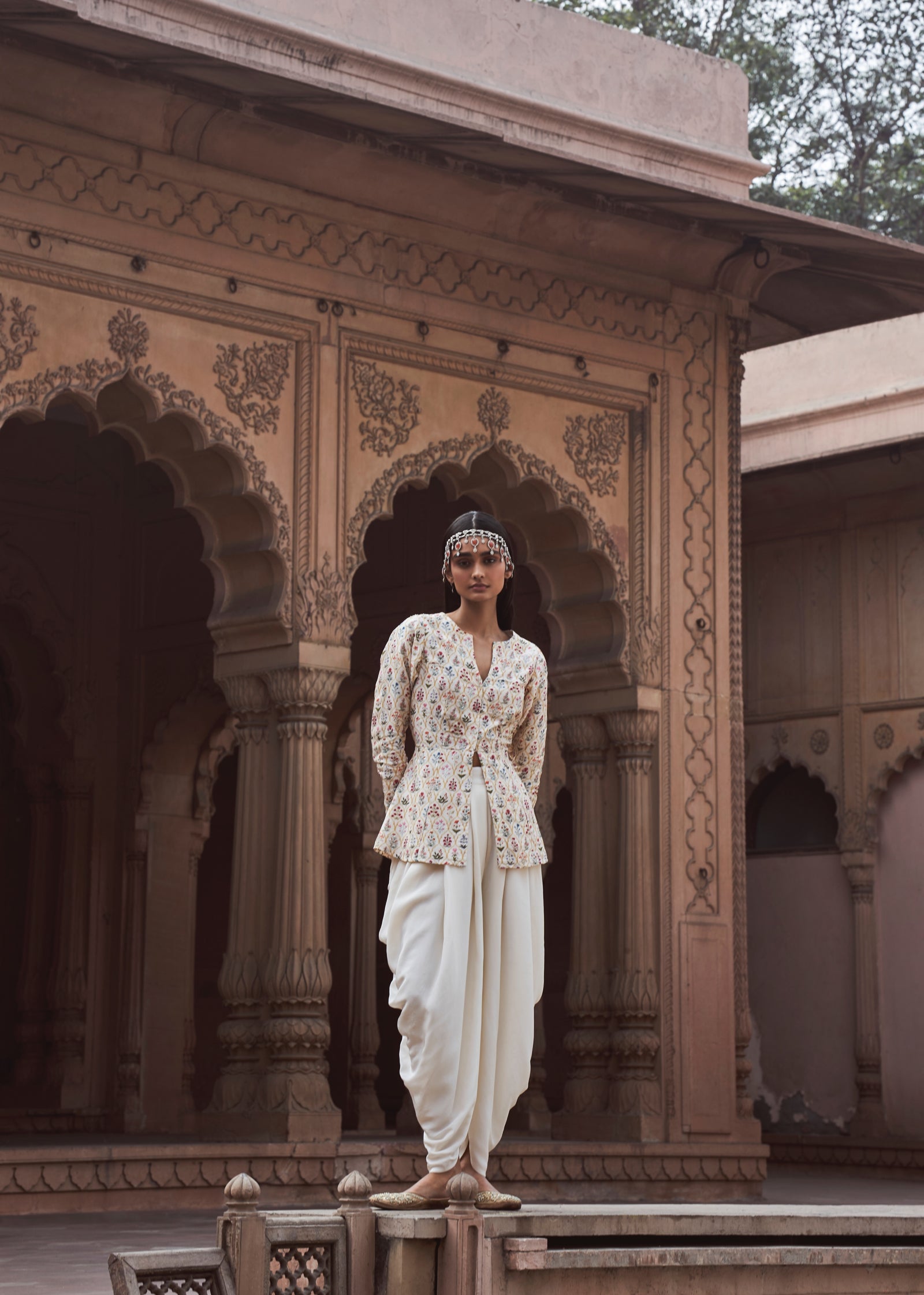 Handwork Mirza Jacket Set with Ivory Dhoti