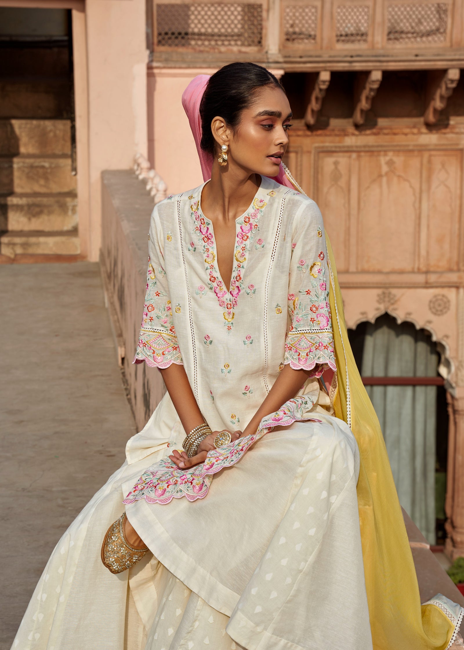 Natural Linen Kurta with Jacquard Sharara